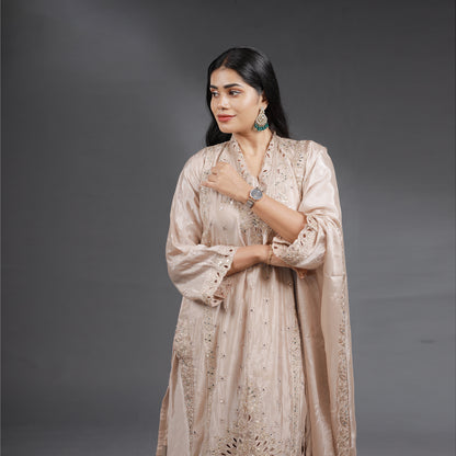 Champagne Beige Embroidered Kurta Set with Palazzo & Dupatta