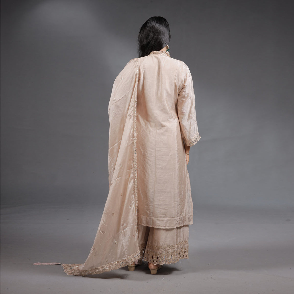 Champagne Beige Embroidered Kurta Set with Palazzo & Dupatta