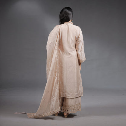 Champagne Beige Embroidered Kurta Set with Palazzo & Dupatta