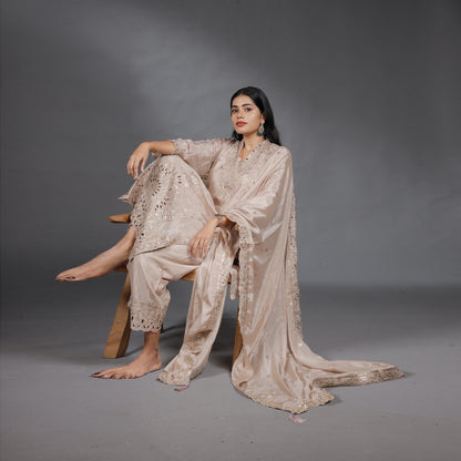 Champagne Beige Embroidered Kurta Set with Palazzo & Dupatta