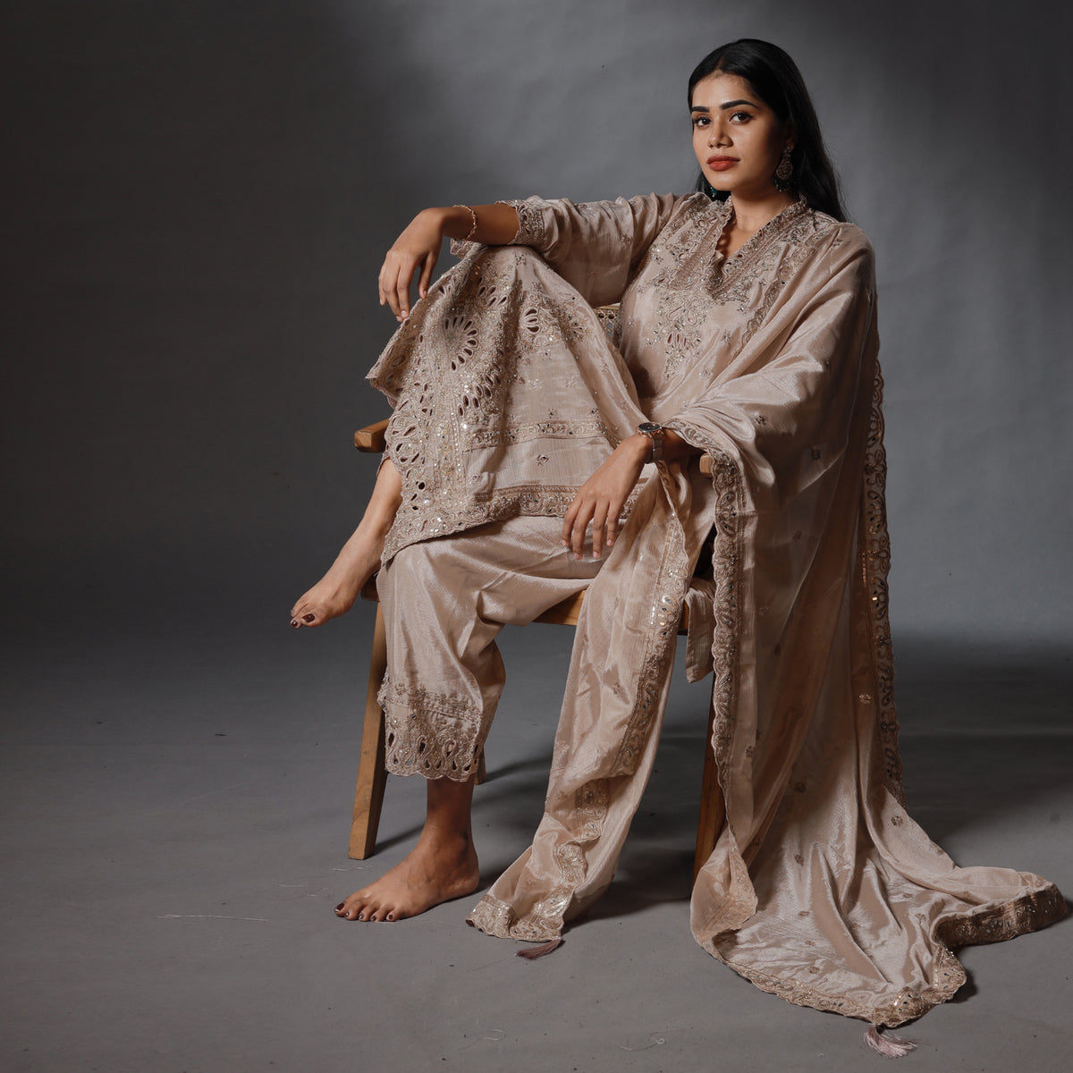 Champagne Beige Embroidered Kurta Set with Palazzo & Dupatta