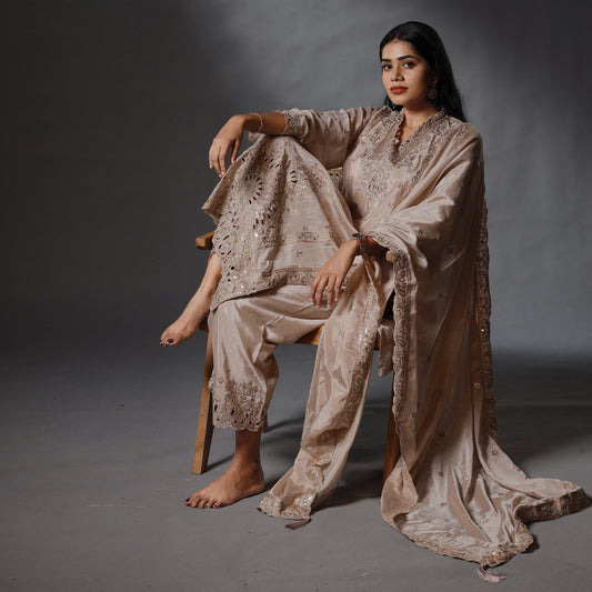 Champagne Beige Embroidered Kurta Set with Palazzo & Dupatta