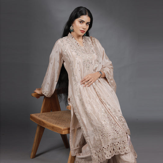 Champagne Beige Embroidered Kurta Set with Palazzo & Dupatta