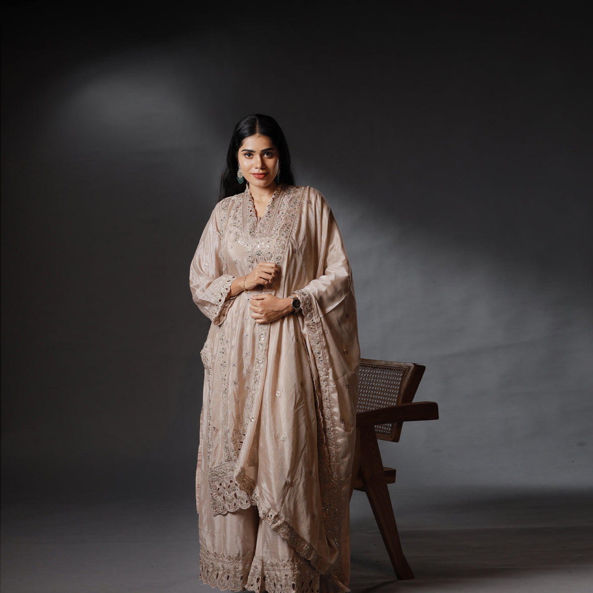 Champagne Beige Embroidered Kurta Set with Palazzo & Dupatta