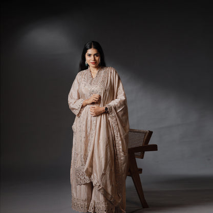 Champagne Beige Embroidered Kurta Set with Palazzo & Dupatta