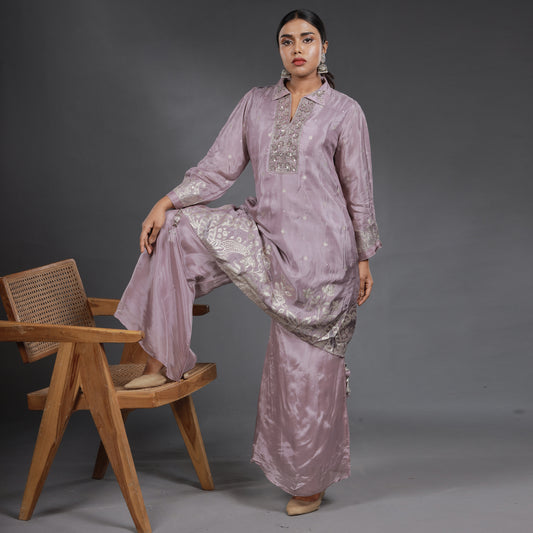 Dusty Lilac Chanderi Silk Embroidered Kurta Set with Palazzo
