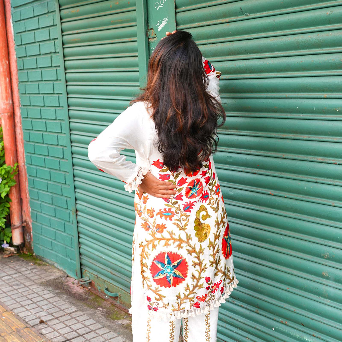 Ivory Blossom Printed Cotton Kurta Set with Tassel Detailing