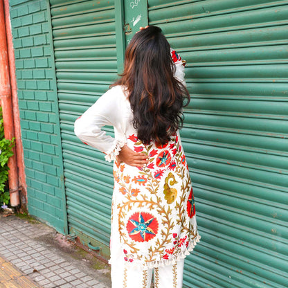 Ivory Blossom Printed Cotton Kurta Set with Tassel Detailing
