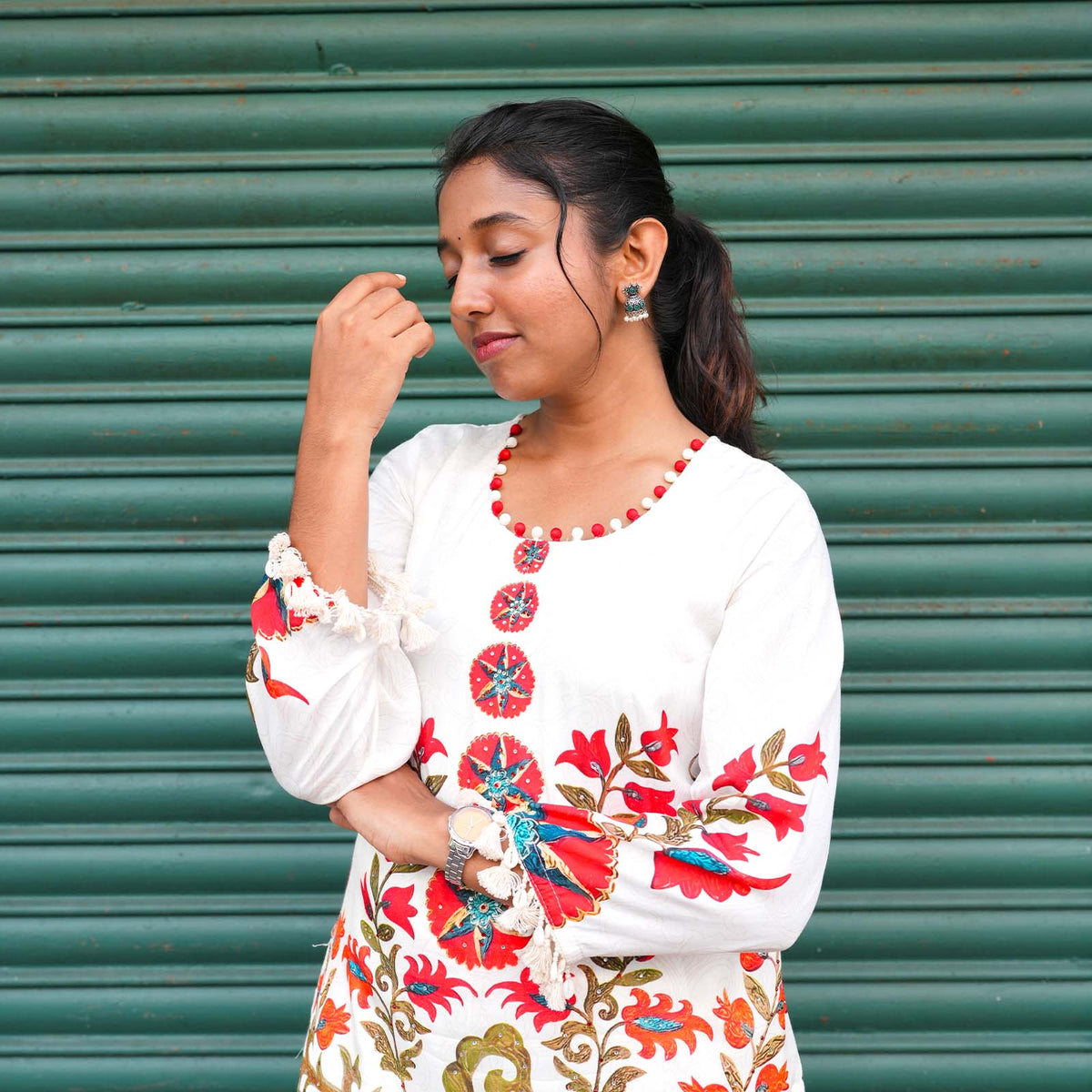 Ivory Blossom Printed Cotton Kurta Set with Tassel Detailing