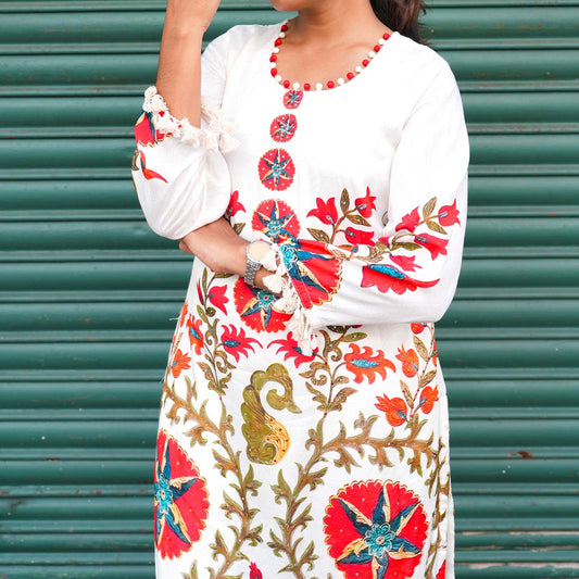 Ivory Blossom Printed Cotton Kurta Set with Tassel Detailing