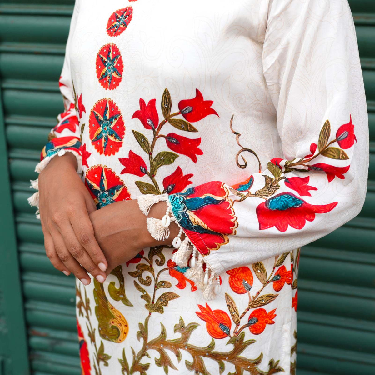 Ivory Blossom Printed Cotton Kurta Set with Tassel Detailing