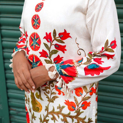 Ivory Blossom Printed Cotton Kurta Set with Tassel Detailing