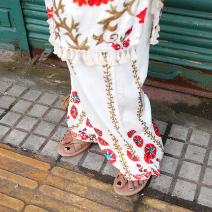 Ivory Blossom Printed Cotton Kurta Set with Tassel Detailing
