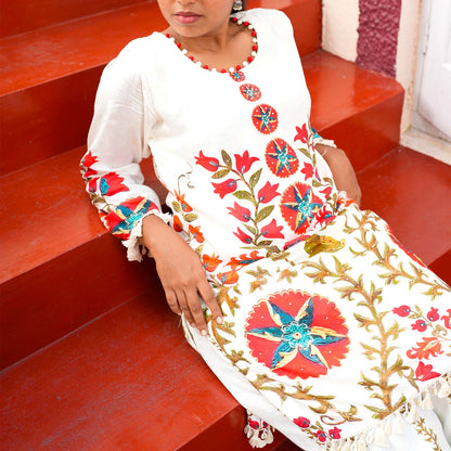 Ivory Blossom Printed Cotton Kurta Set with Tassel Detailing