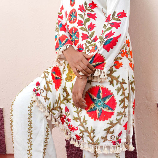Ivory Blossom Printed Cotton Kurta Set with Tassel Detailing
