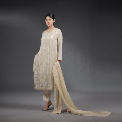 Ivory Chanderi Silk Embroidered Salwar Suit Set with Multicolour Threadwork