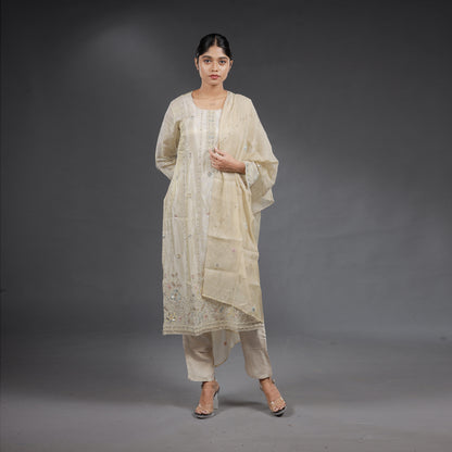 Ivory Chanderi Silk Embroidered Salwar Suit Set with Multicolour Threadwork