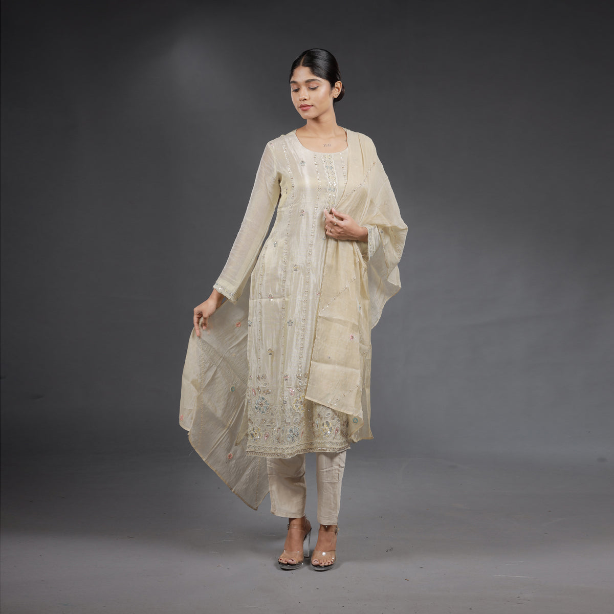 Ivory Chanderi Silk Embroidered Salwar Suit Set with Multicolour Threadwork