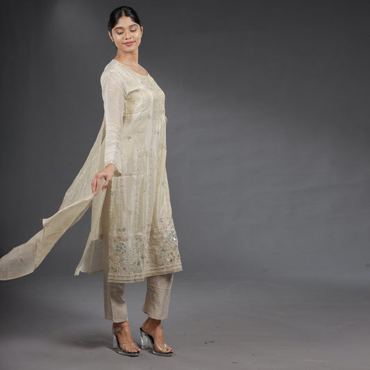 Ivory Chanderi Silk Embroidered Salwar Suit Set with Multicolour Threadwork