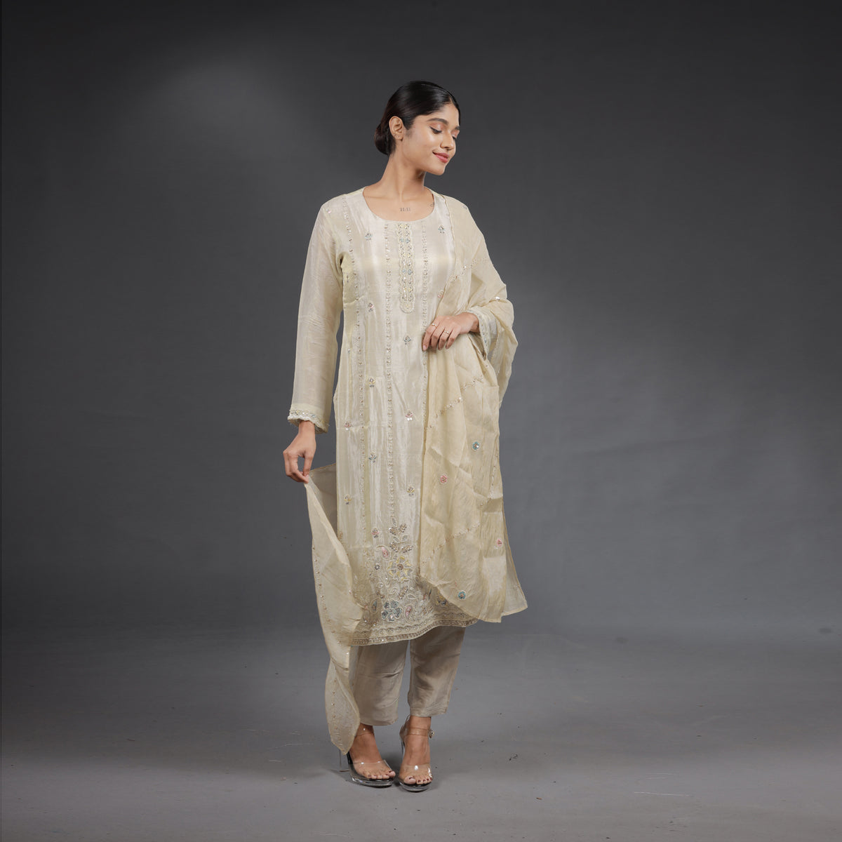 Ivory Chanderi Silk Embroidered Salwar Suit Set with Multicolour Threadwork