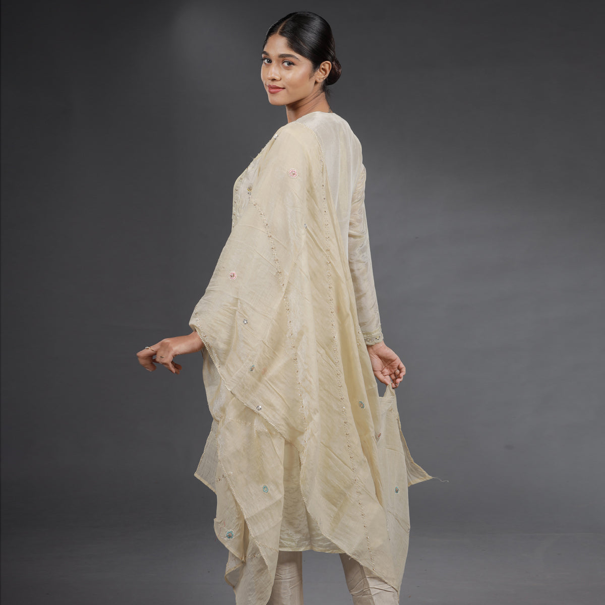 Ivory Chanderi Silk Embroidered Salwar Suit Set with Multicolour Threadwork
