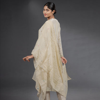 Ivory Chanderi Silk Embroidered Salwar Suit Set with Multicolour Threadwork