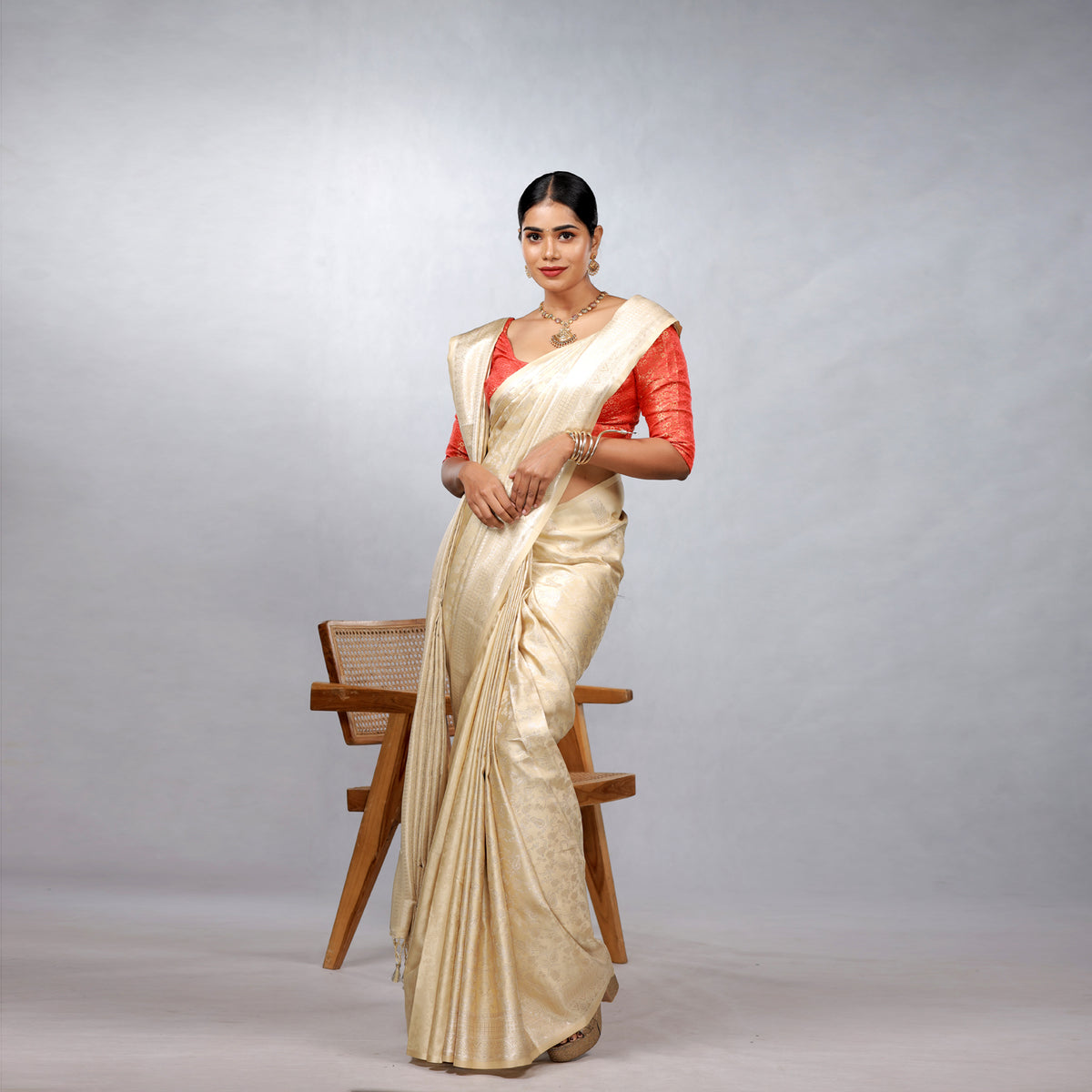 Ivory Gold Kanchipuram Silk Saree with Crimson Brocade Blouse