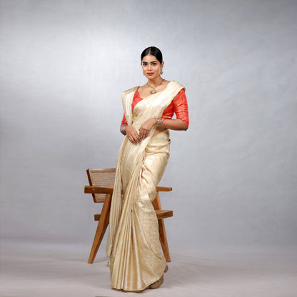Ivory Gold Kanchipuram Silk Saree with Crimson Brocade Blouse