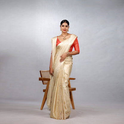 Ivory Gold Kanchipuram Silk Saree with Crimson Brocade Blouse