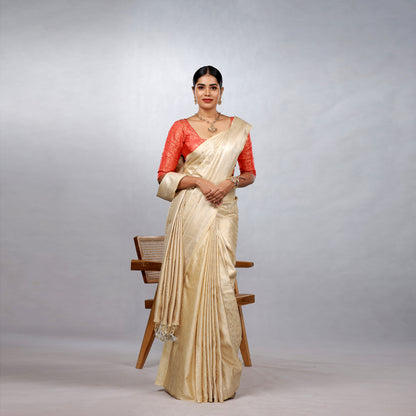 Ivory Gold Kanchipuram Silk Saree with Crimson Brocade Blouse