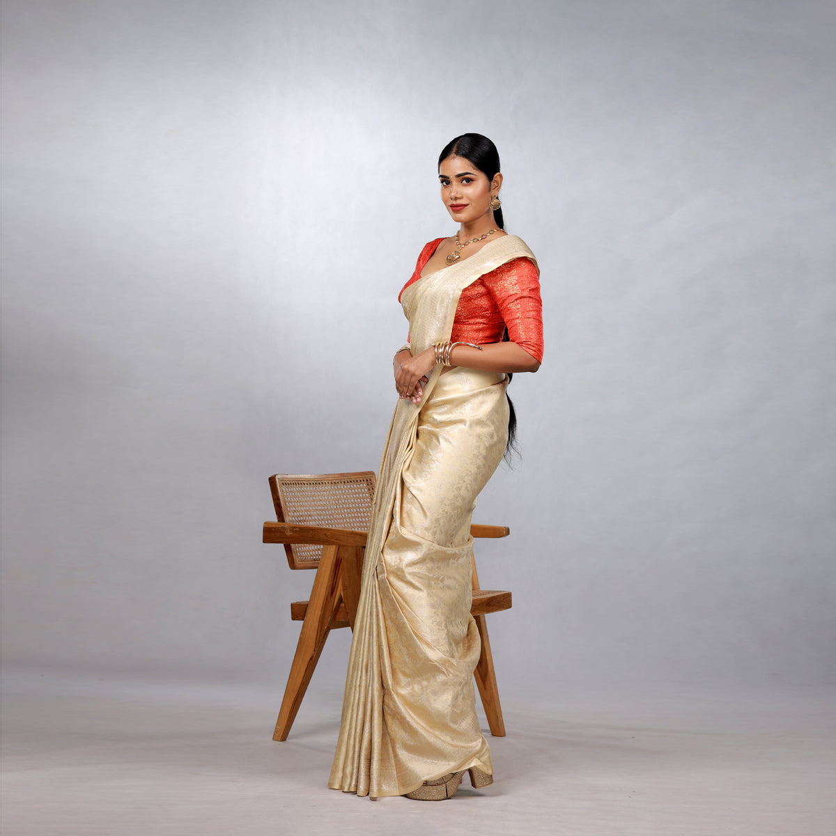 Ivory Gold Kanchipuram Silk Saree with Crimson Brocade Blouse