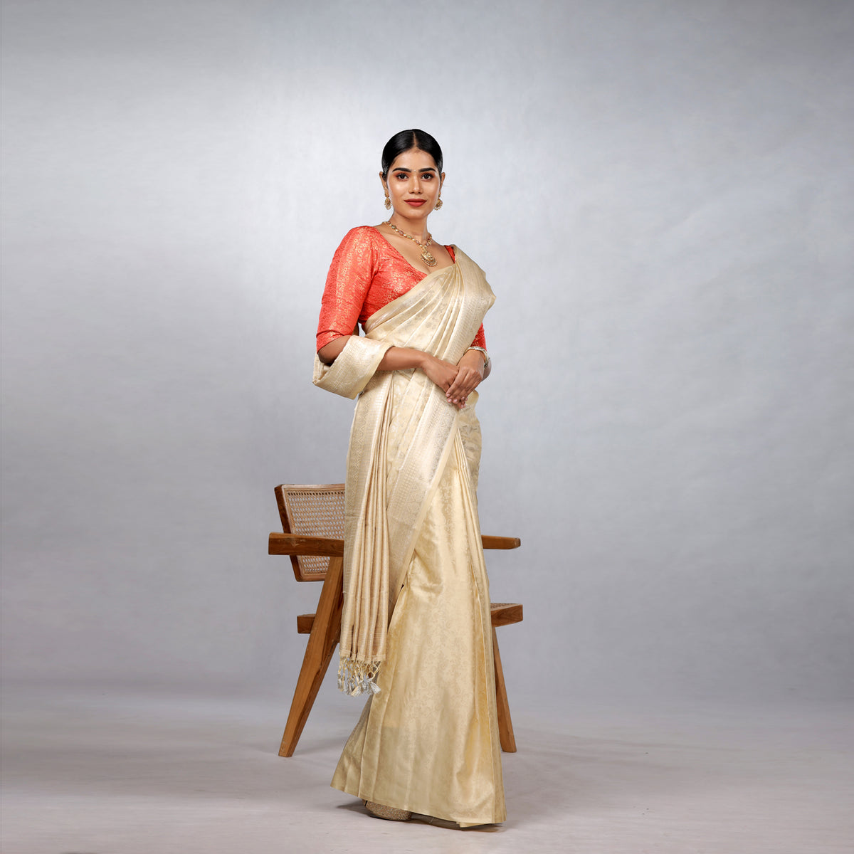 Ivory Gold Kanchipuram Silk Saree with Crimson Brocade Blouse