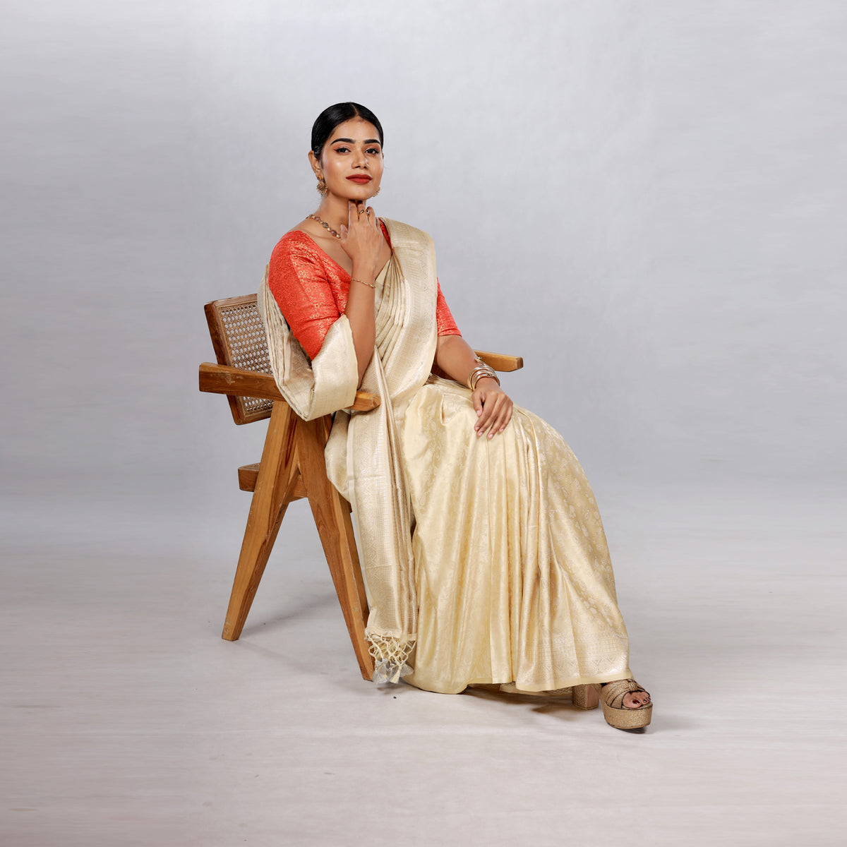 Ivory Gold Kanchipuram Silk Saree with Crimson Brocade Blouse