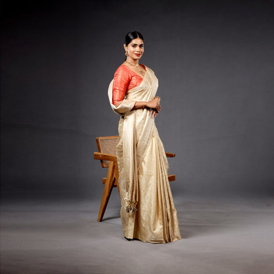 Ivory Gold Kanchipuram Silk Saree with Crimson Brocade Blouse