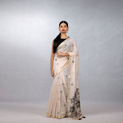 Ivory Hand Block Printed Linen Cotton Saree with Black Floral Pallu