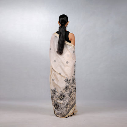 Ivory Hand Block Printed Linen Cotton Saree with Black Floral Pallu