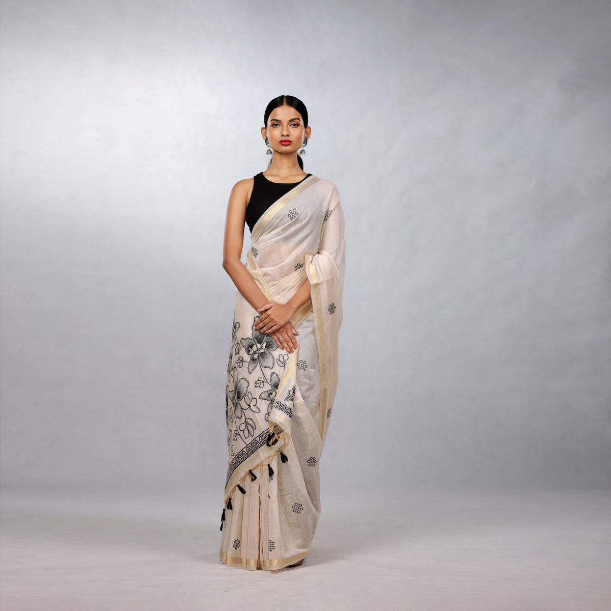 Ivory Hand Block Printed Linen Cotton Saree with Black Floral Pallu