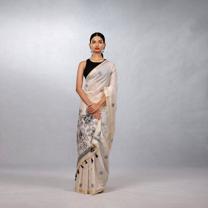 Ivory Hand Block Printed Linen Cotton Saree with Black Floral Pallu