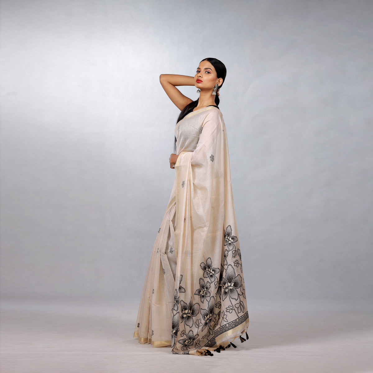 Ivory Hand Block Printed Linen Cotton Saree with Black Floral Pallu