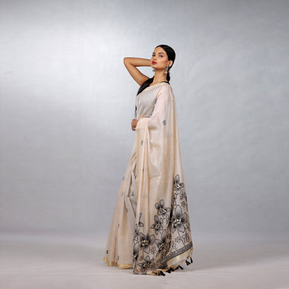 Ivory Hand Block Printed Linen Cotton Saree with Black Floral Pallu