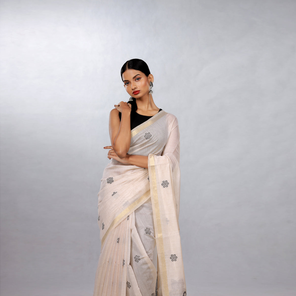 Ivory Hand Block Printed Linen Cotton Saree with Black Floral Pallu