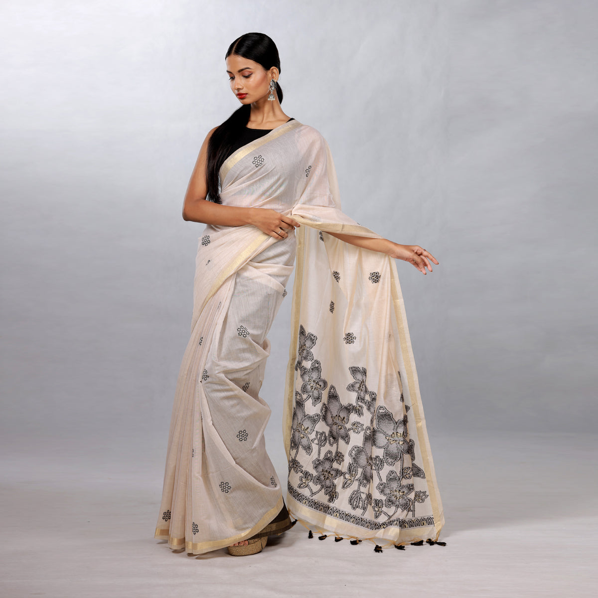 Ivory Hand Block Printed Linen Cotton Saree with Black Floral Pallu