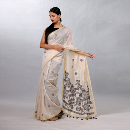 Ivory Hand Block Printed Linen Cotton Saree with Black Floral Pallu