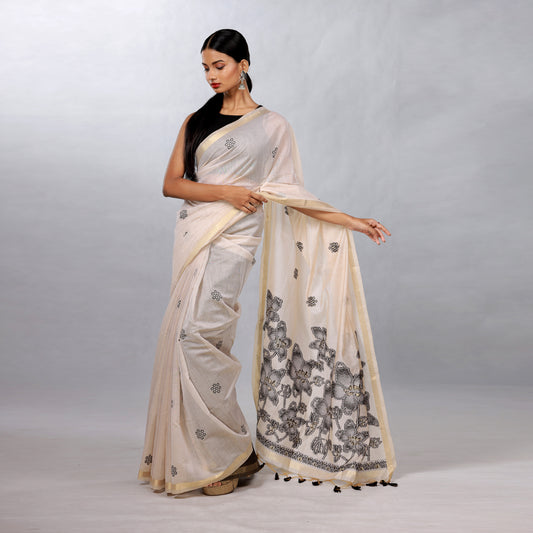 Ivory Hand Block Printed Linen Cotton Saree with Black Floral Pallu