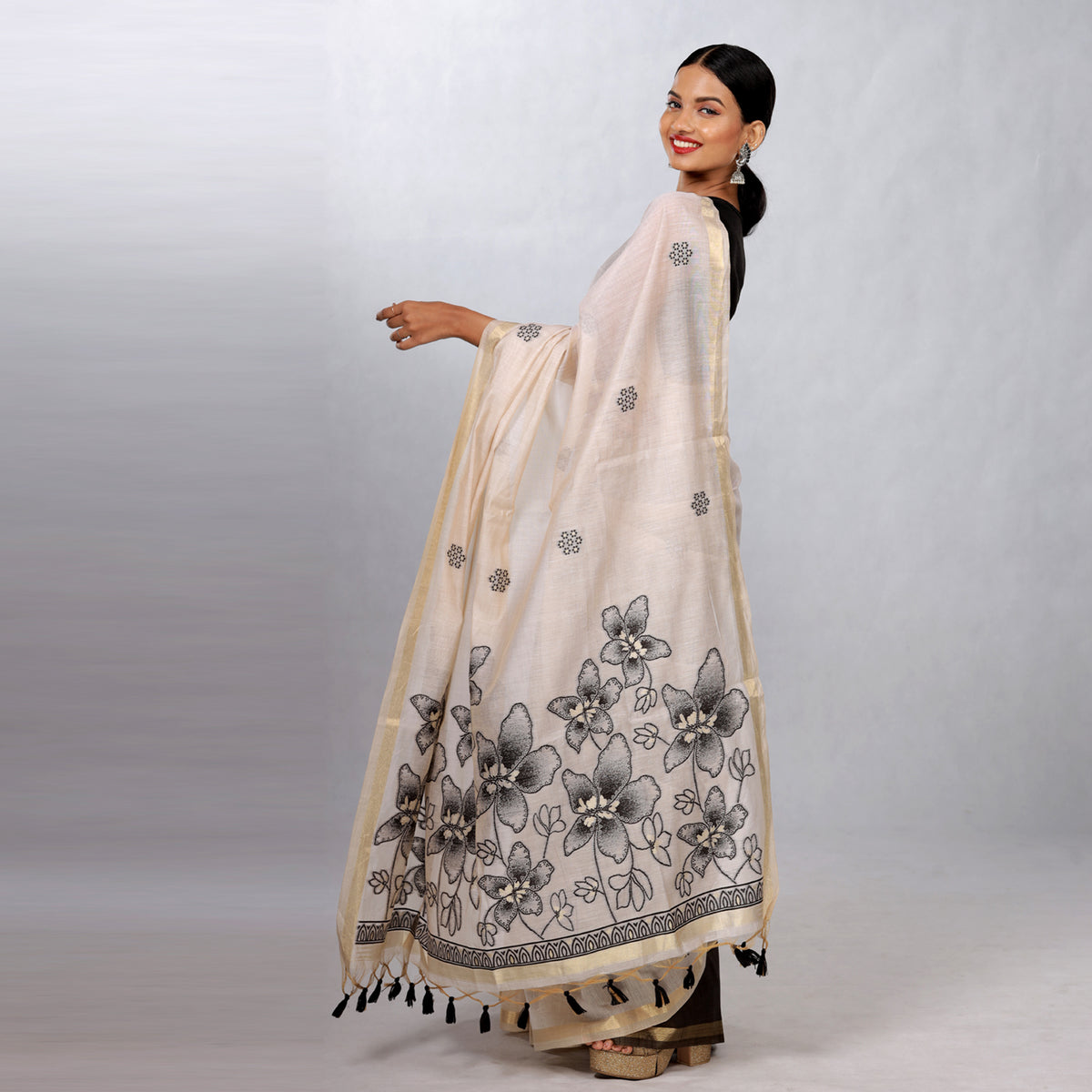 Ivory Hand Block Printed Linen Cotton Saree with Black Floral Pallu