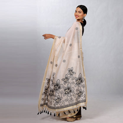 Ivory Hand Block Printed Linen Cotton Saree with Black Floral Pallu