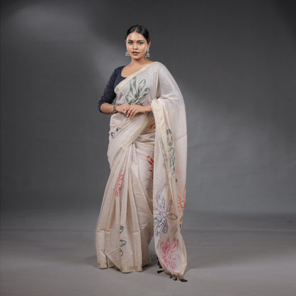 Ivory Handcrafted Floral Saree with Tassel Pallu