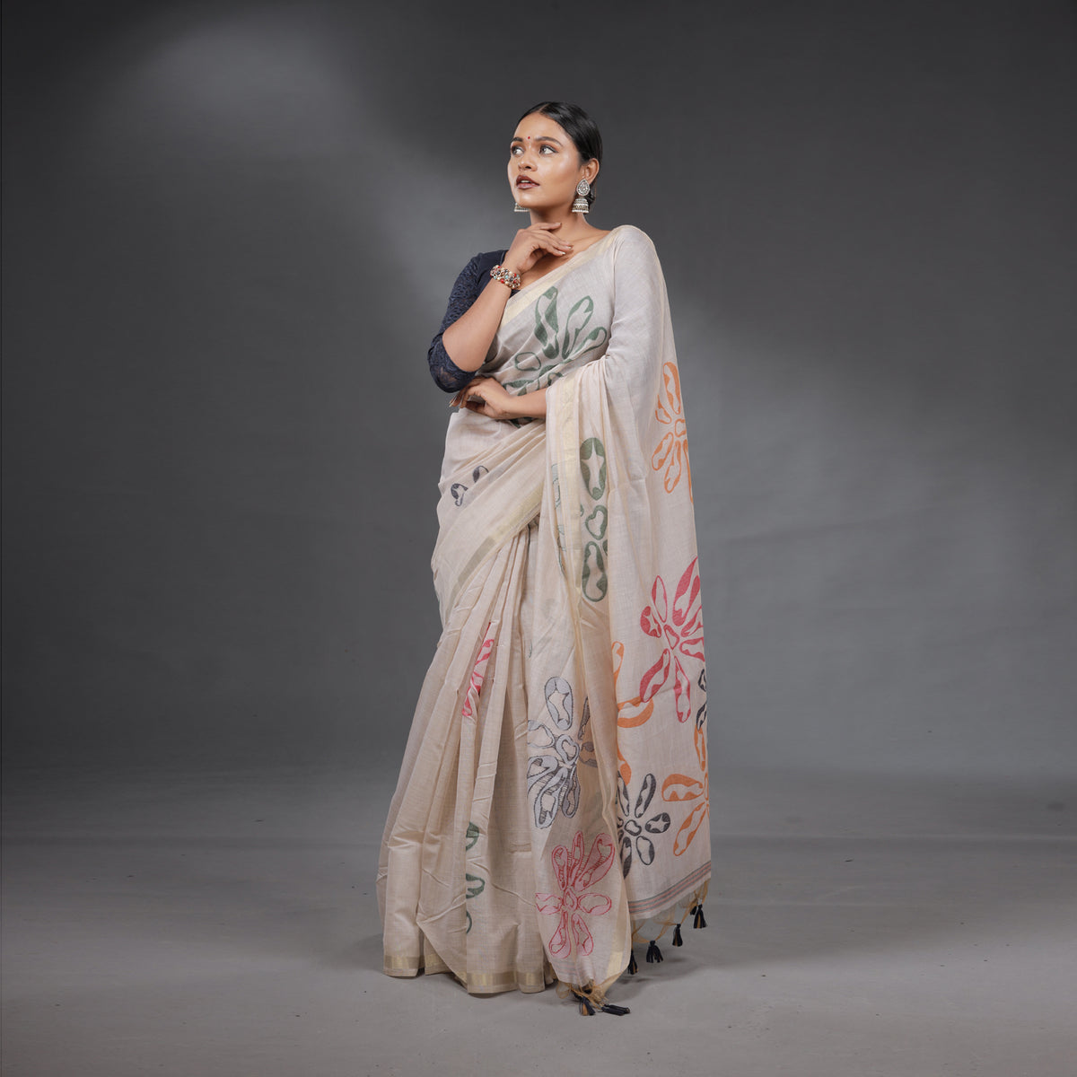 Ivory Handcrafted Floral Saree with Tassel Pallu