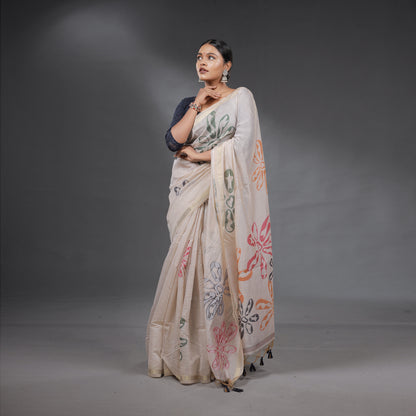 Ivory Handcrafted Floral Saree with Tassel Pallu