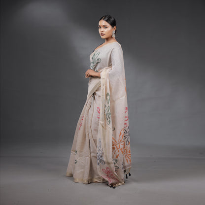 Ivory Handcrafted Floral Saree with Tassel Pallu